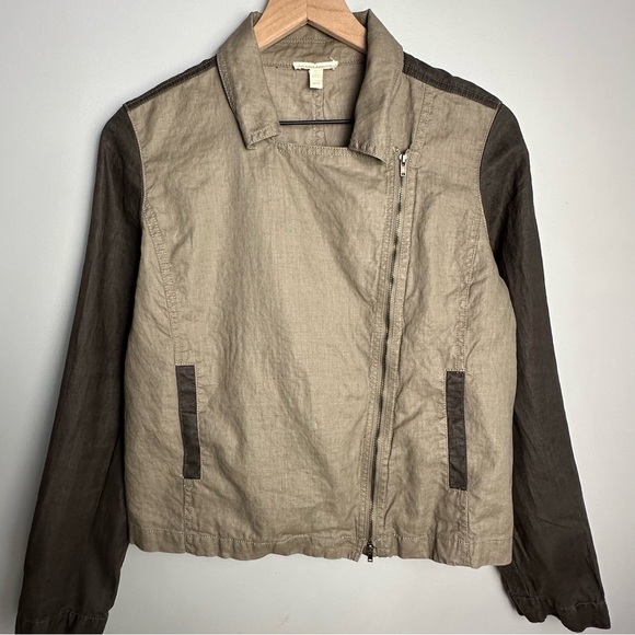 EILEEN Fisher Two Tone Coated Organic Linen Asym Zip Jacket M Stone Brown/Gray - Picture 3 of 10